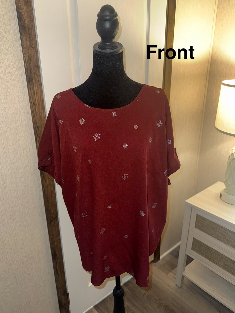 Maurices Burgundy Fall Leaves Accented Short Sleeve Blouse